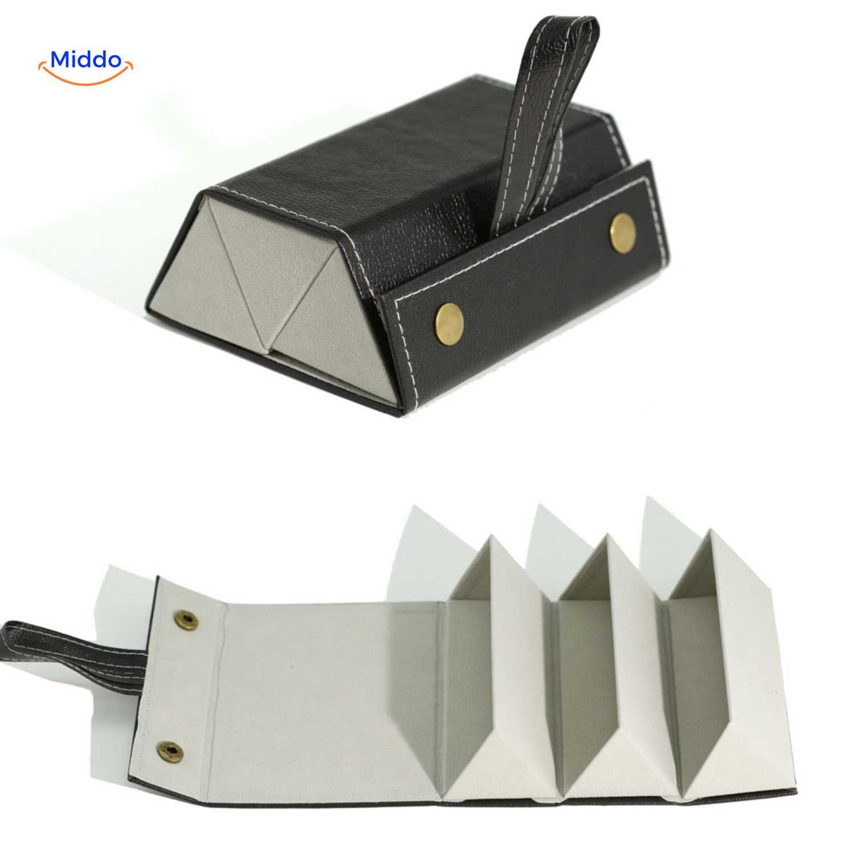 Black 3-slot foldable eyeglasses case open revealing three padded compartments for glasses.