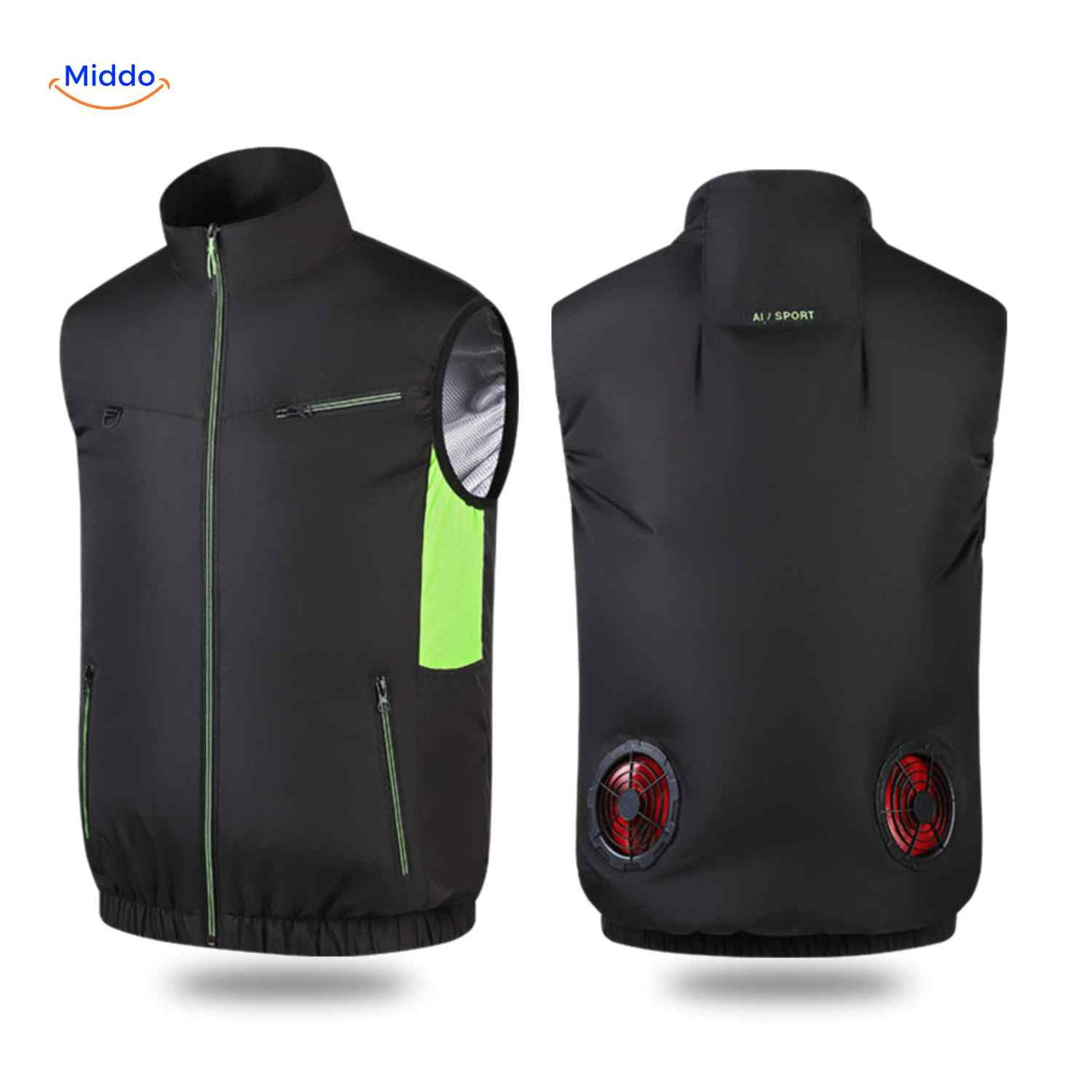 Black sleeveless cooling vest with double fans and sporty ventilation design.