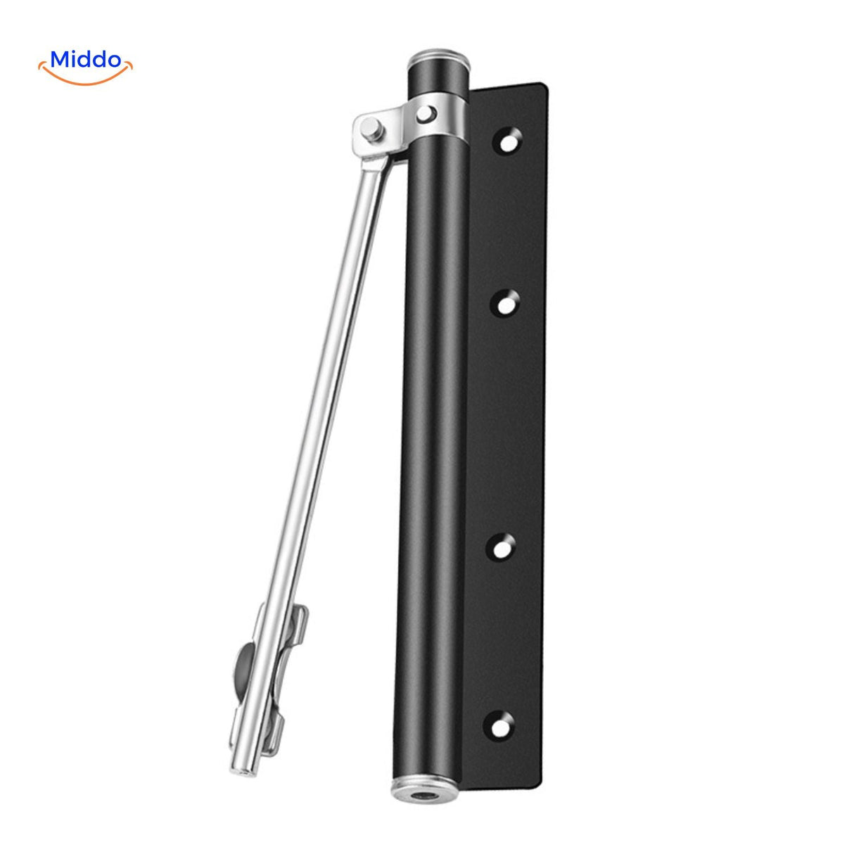 Adjustable black door closer provides controlled, safe door closing.