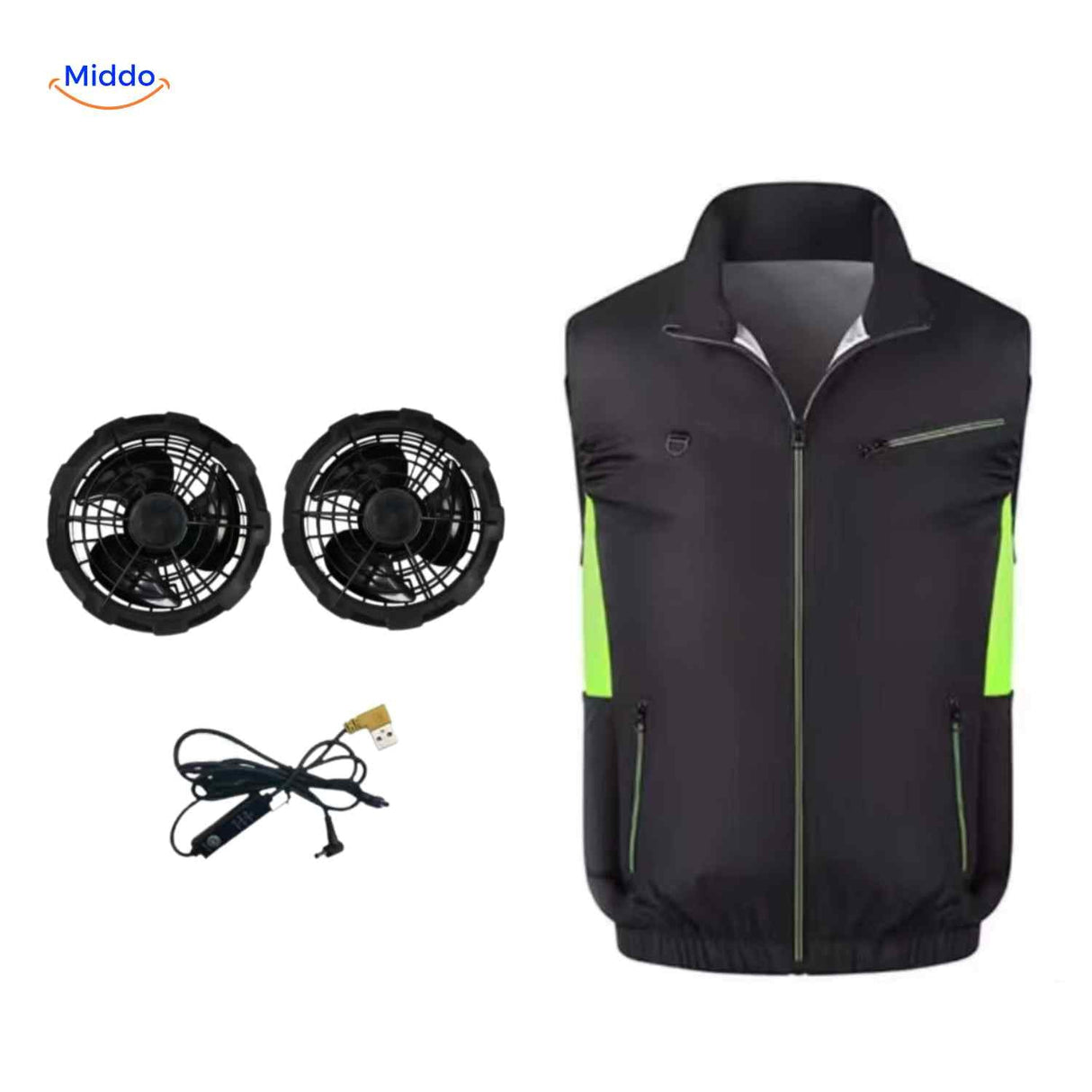 Black and green cooling work vest with integrated fan set and ventilation design.