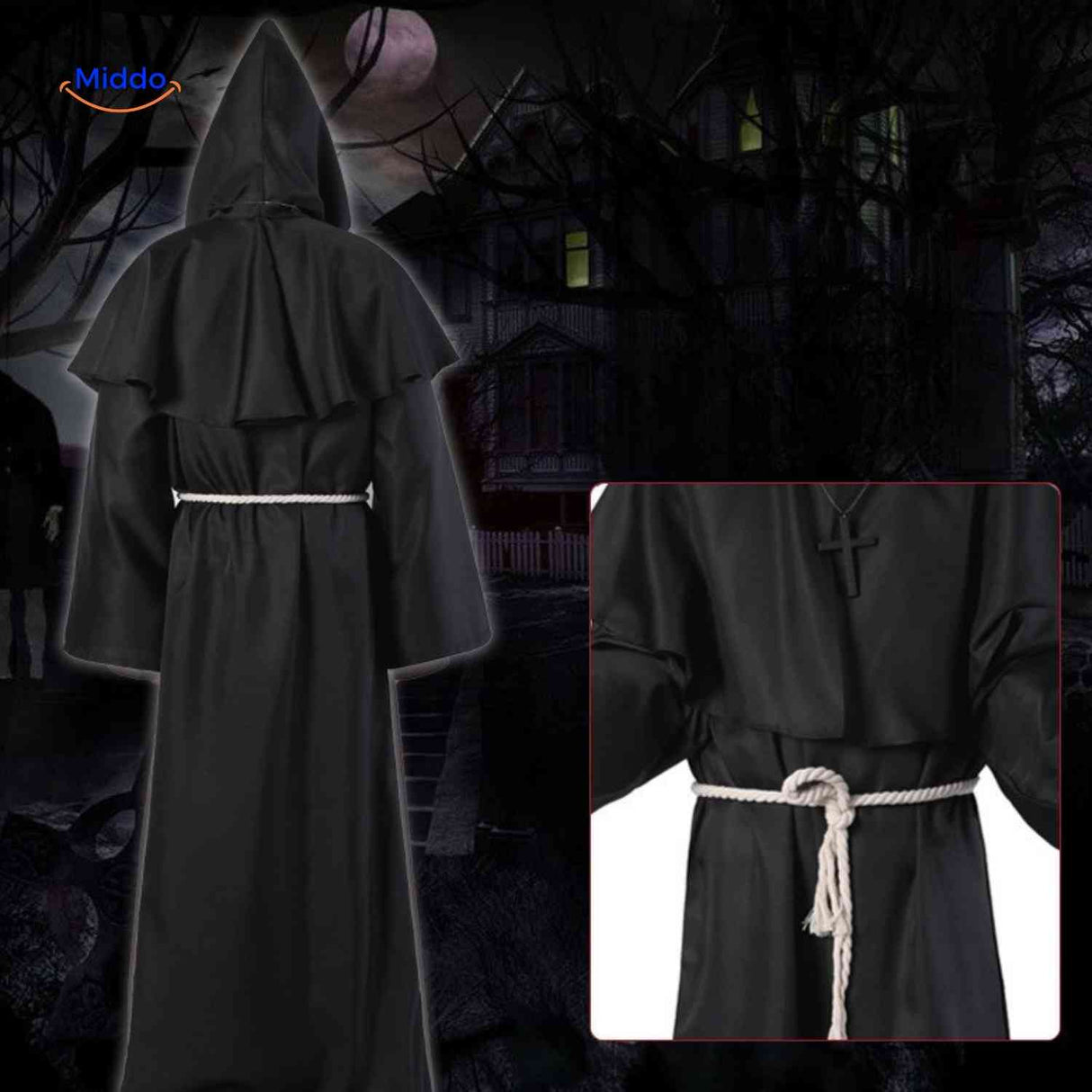 Black hooded priest costume showcasing the formal ceremonial robe style.