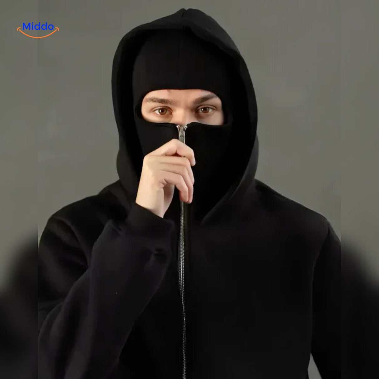Black double-hood hoodie featuring full zip closure for easy wear.