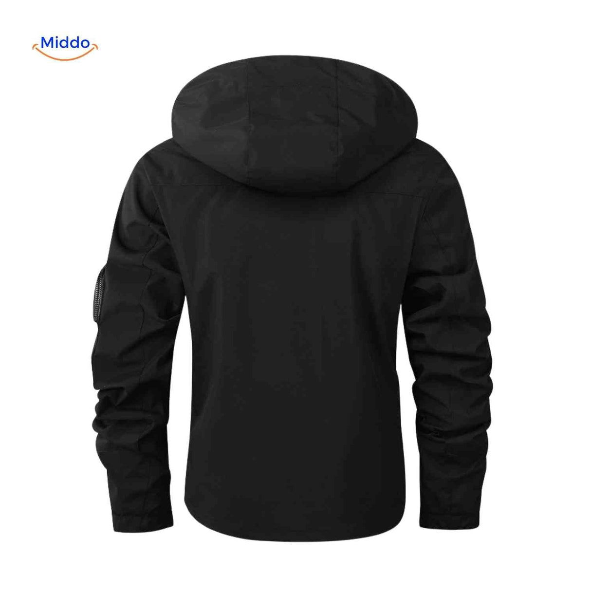 Black men's parka with hood and zip sleeve pocket.
