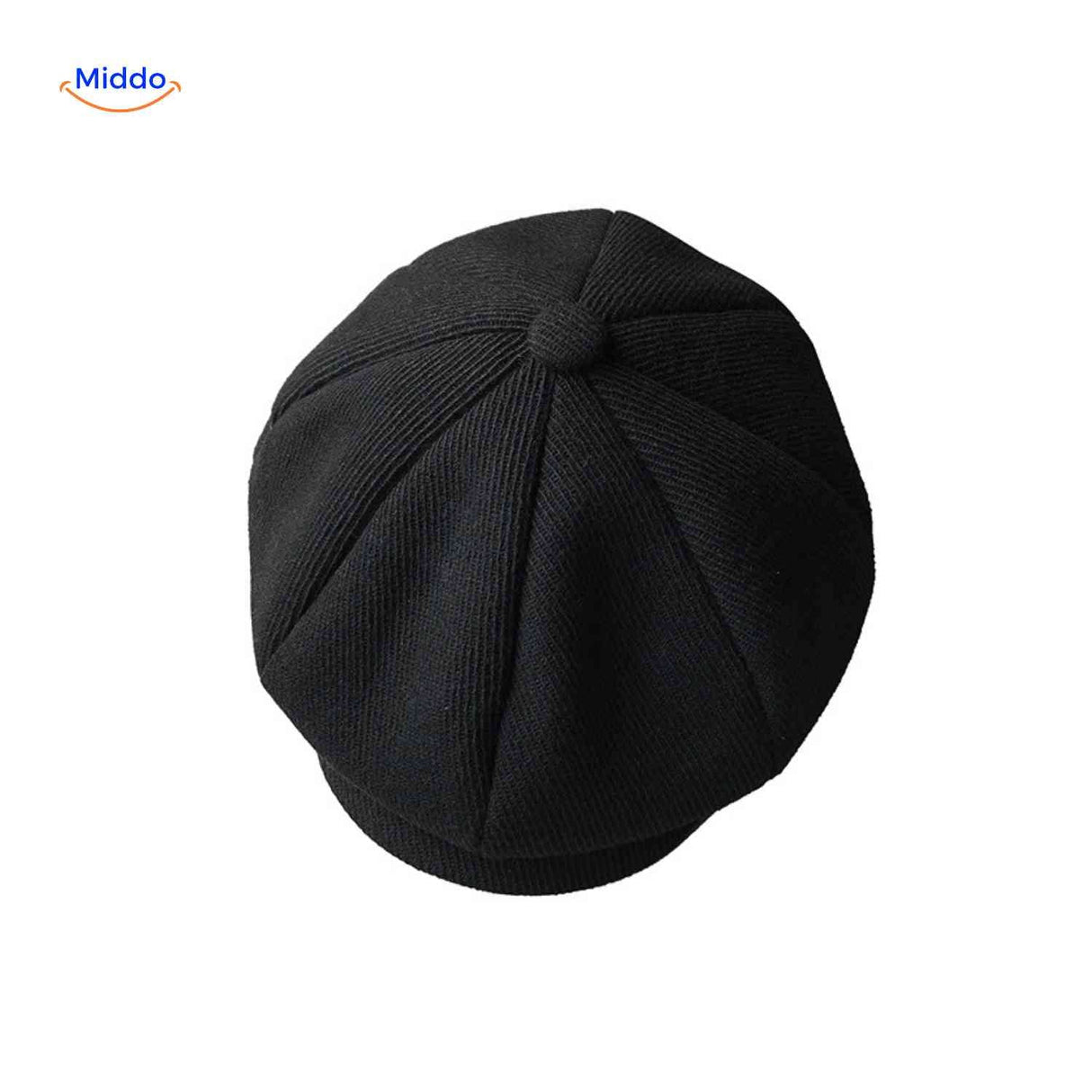 Black rib knit newsboy cap combining vintage design with soft comfort.