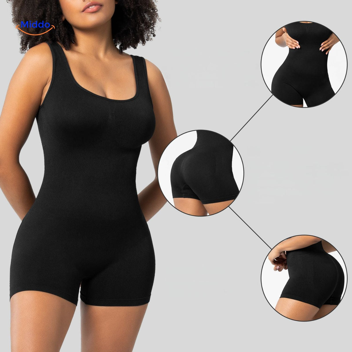 Black seamless body-shaping bodysuit with supportive lift and control.