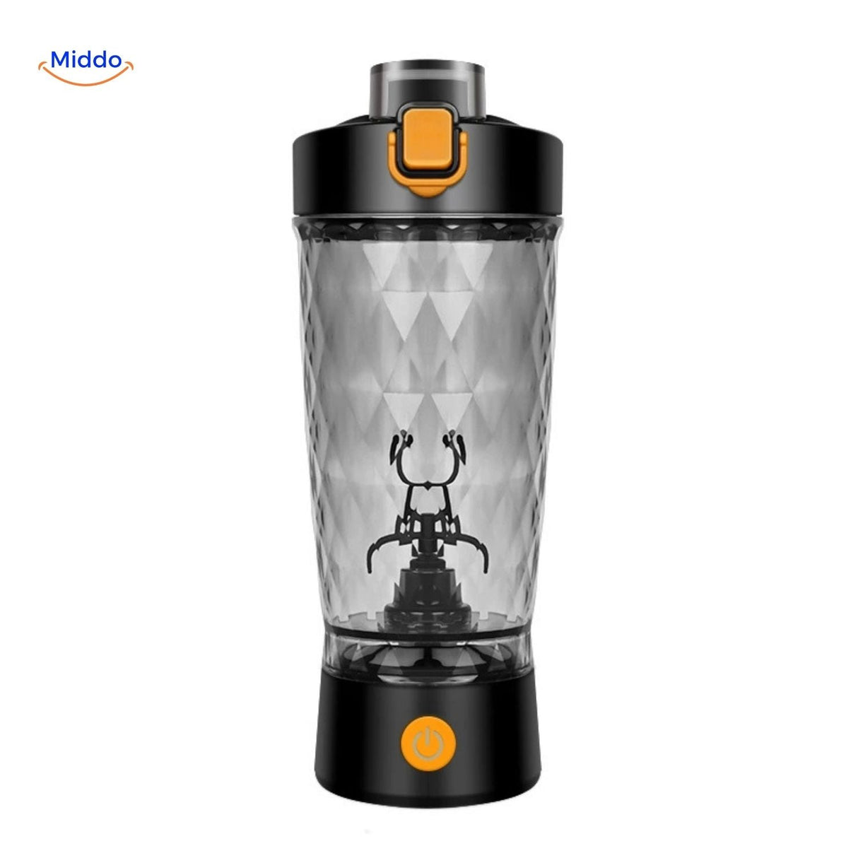 Black electric shaker with extended blender blades for powerful mixing.