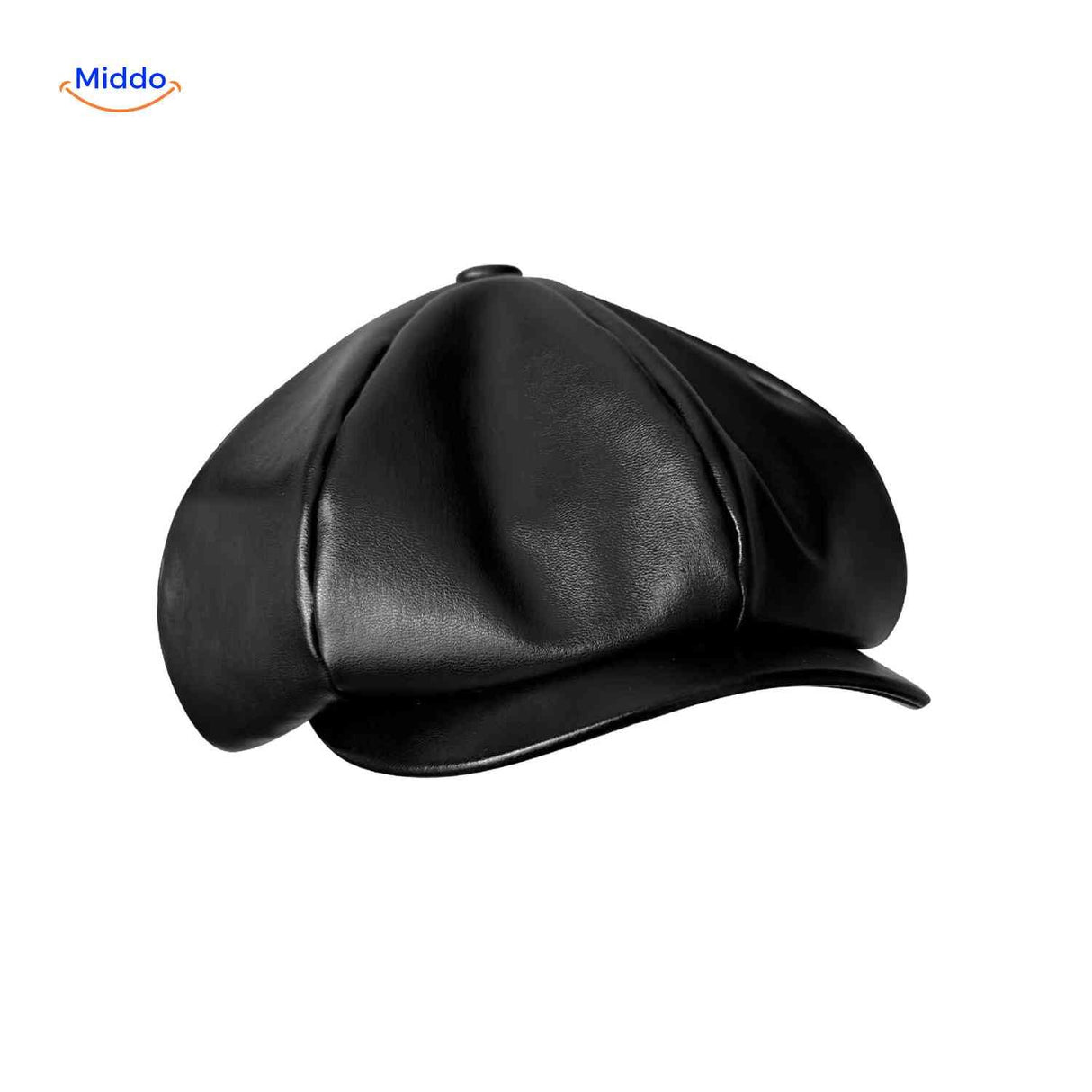 Black smooth leather vintage flat cap with classic newsboy style.