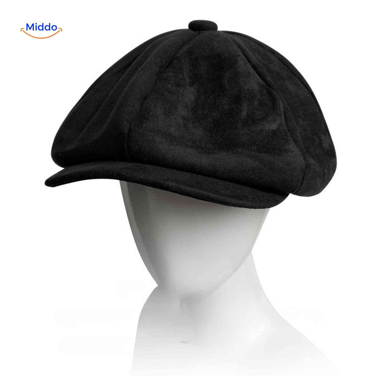 Black suede flat cap combining vintage charm with comfortable wear.