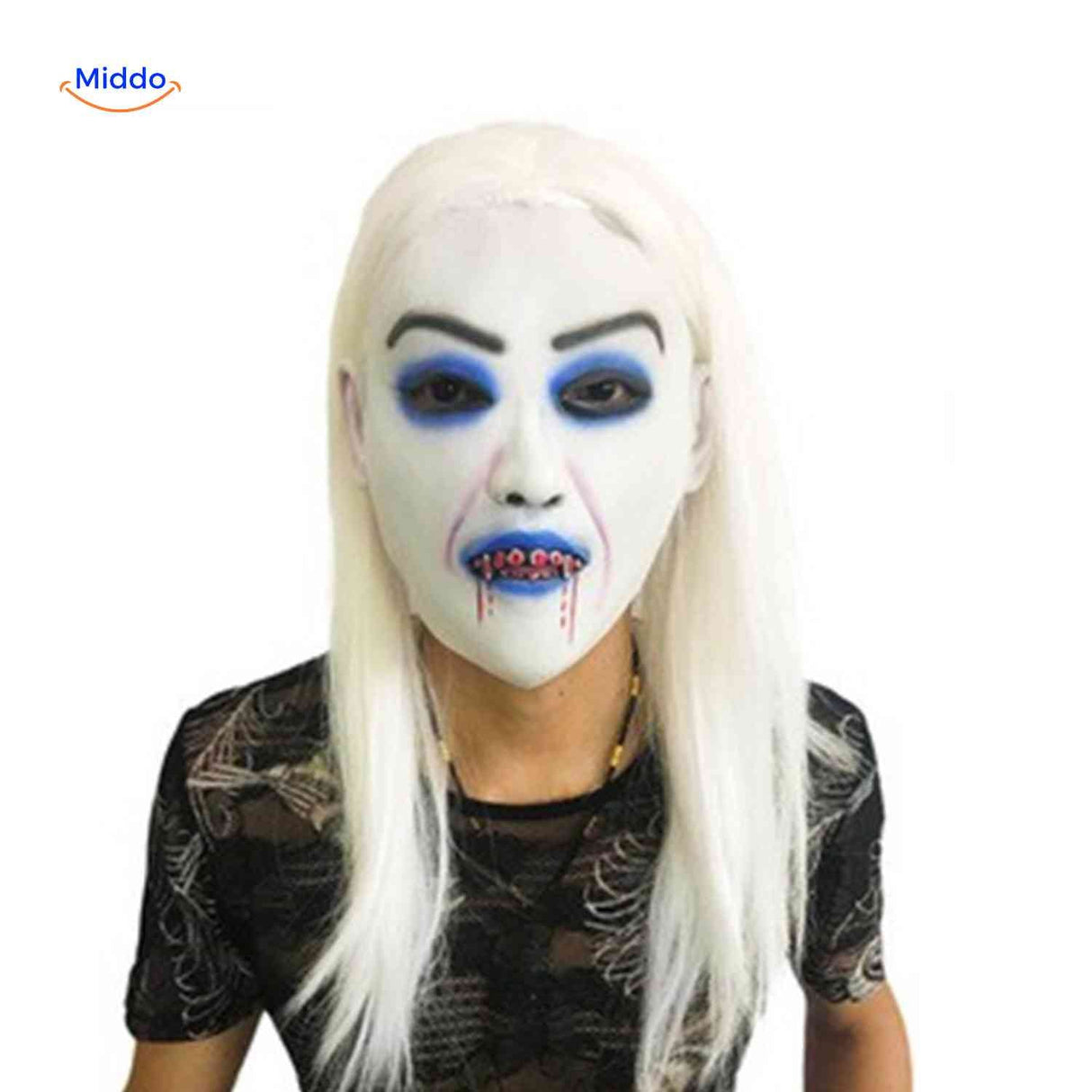 Bleeding vampire mask with blue eyes and white hair for horror effect.