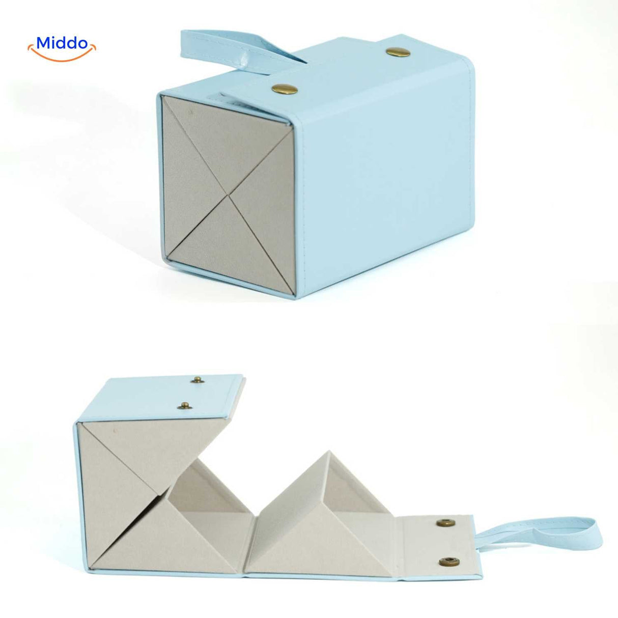 Blue 4-slot compact foldable eyeglasses storage case shown with sections clearly visible.