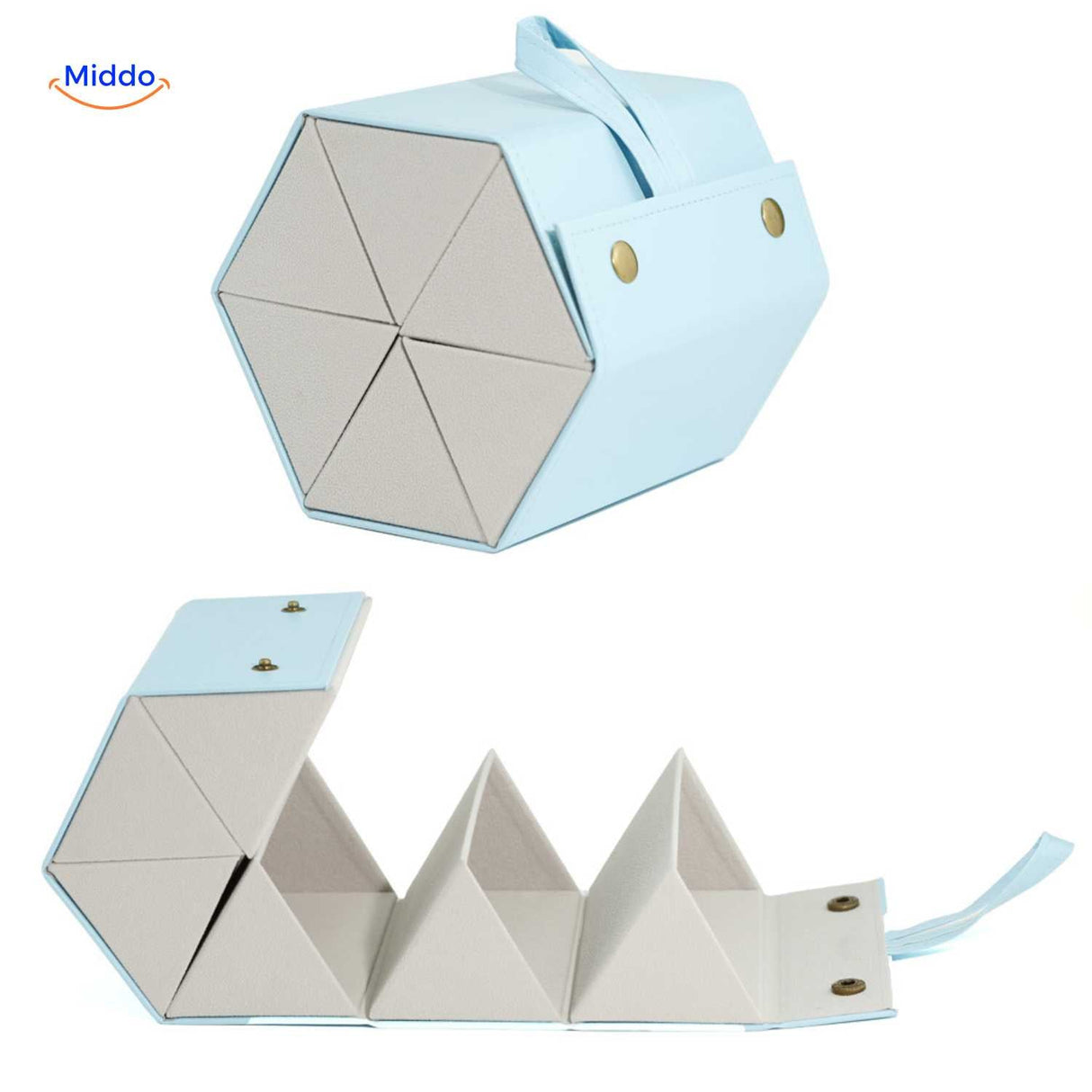 Blue 6-slot luxury multi-compartment foldable eyeglasses case fully open with all slots visible.