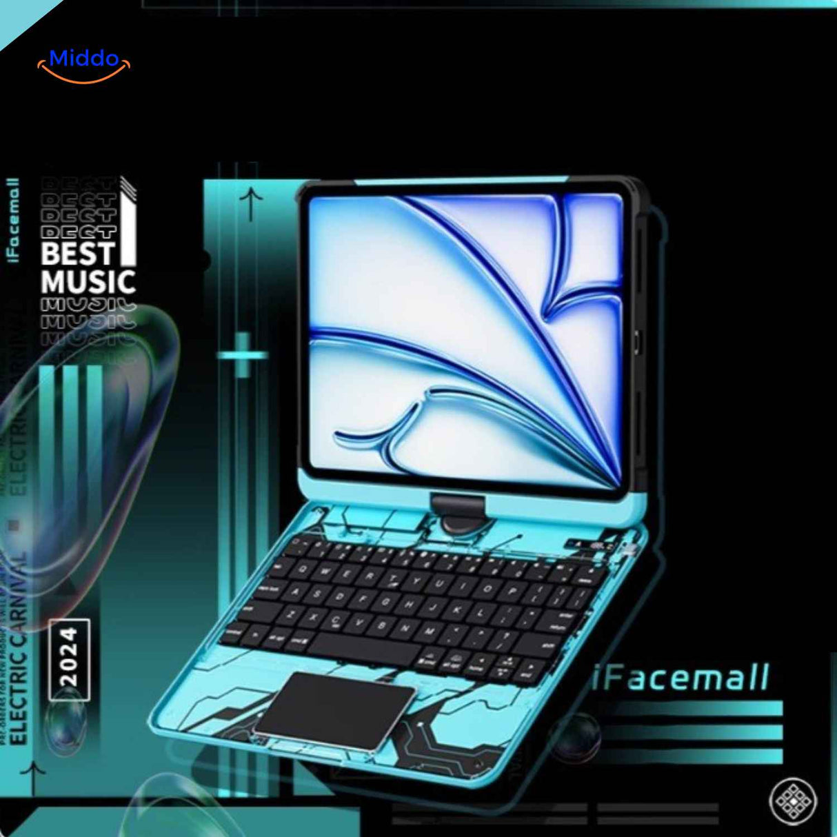 Blue Bluetooth keyboard case with electronic carnival design.