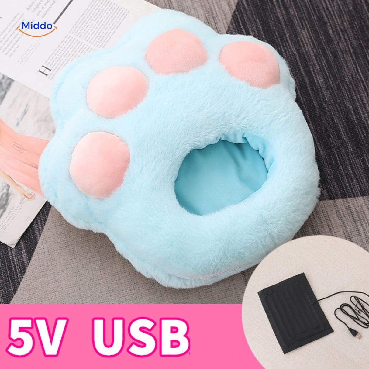 Blue electric heated foot warmer with pink paws accent.