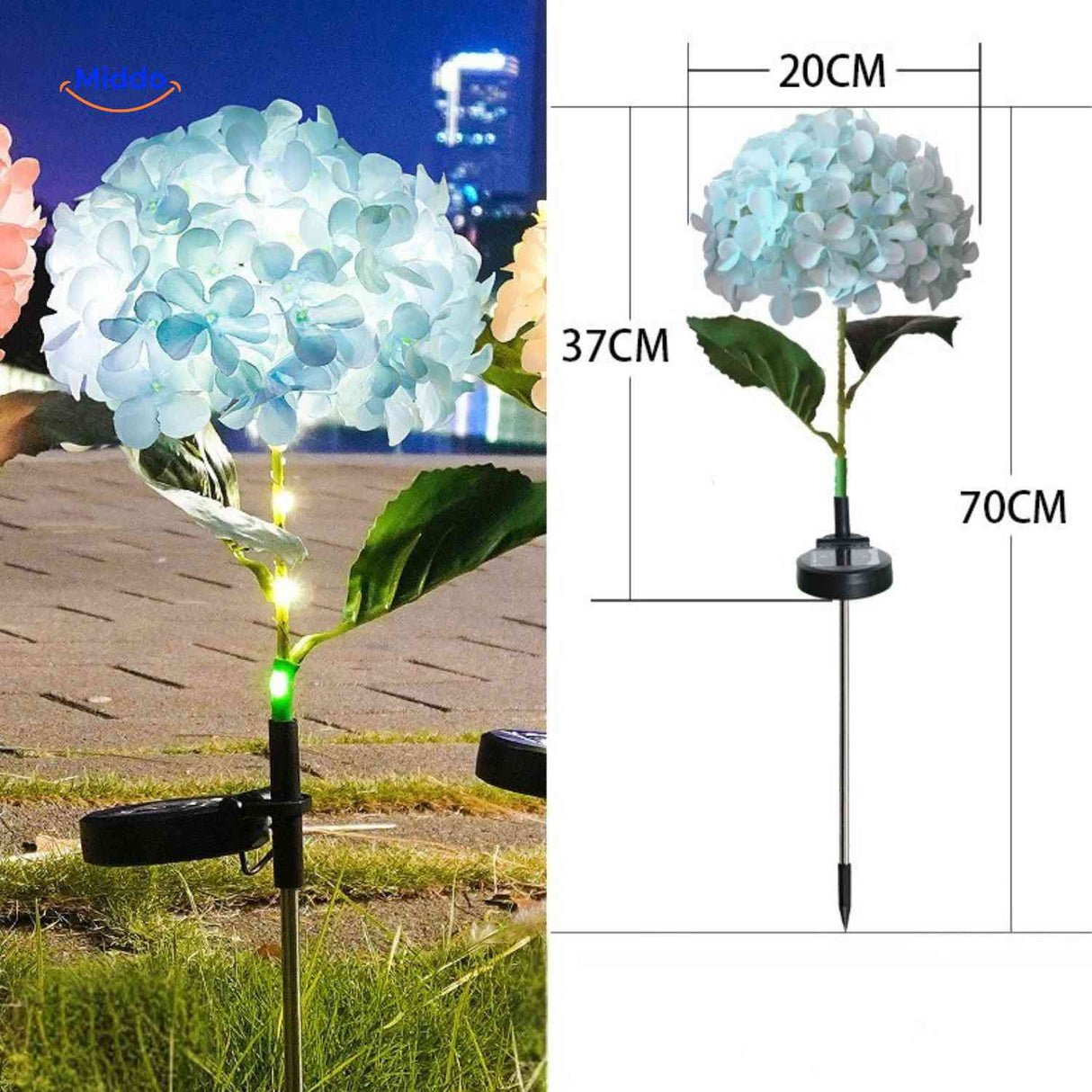 Blue hydrangea solar lantern with 70cm height for warm garden ambiance.