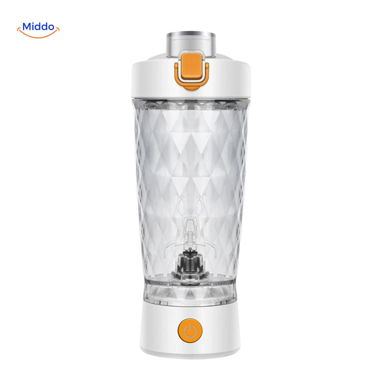Blue electric shaker with crystal-clear cup body for visibility.