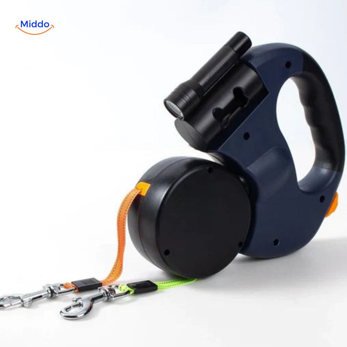 Blue retractable dual dog leash with secure attachment system.