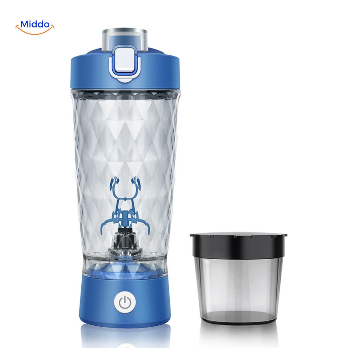 Blue electric shaker bottle model featuring convenient storage pod.