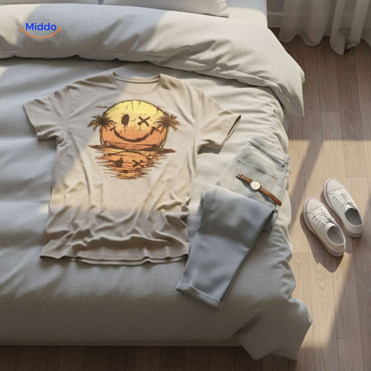 Beige smiley print t-shirt laid flat displaying soft cotton material.
