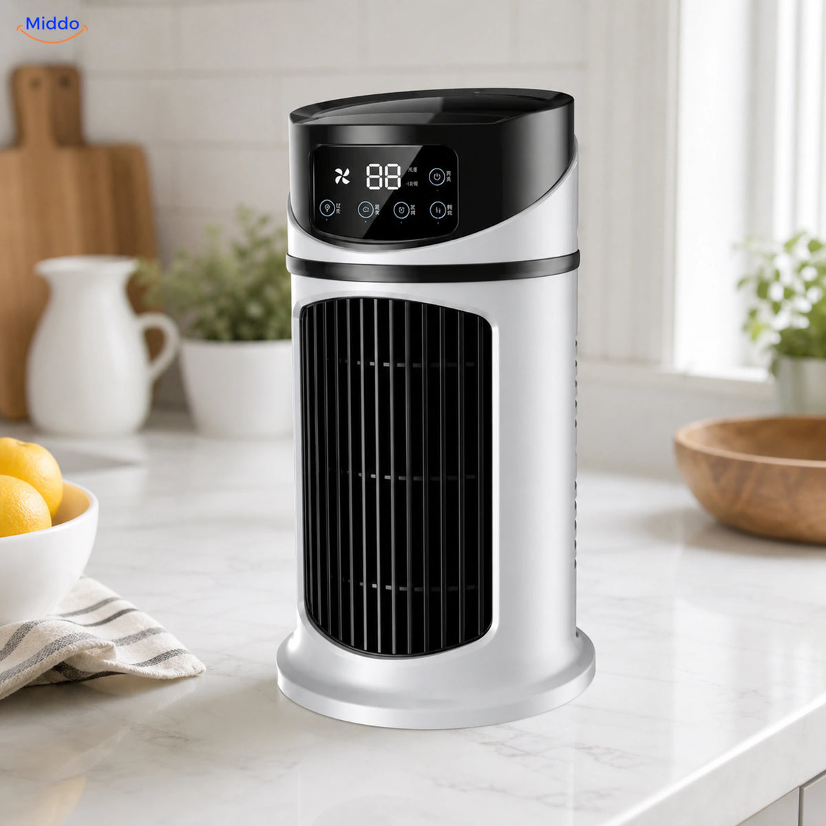 BreezeMist™ personal air cooler on a bright kitchen counter