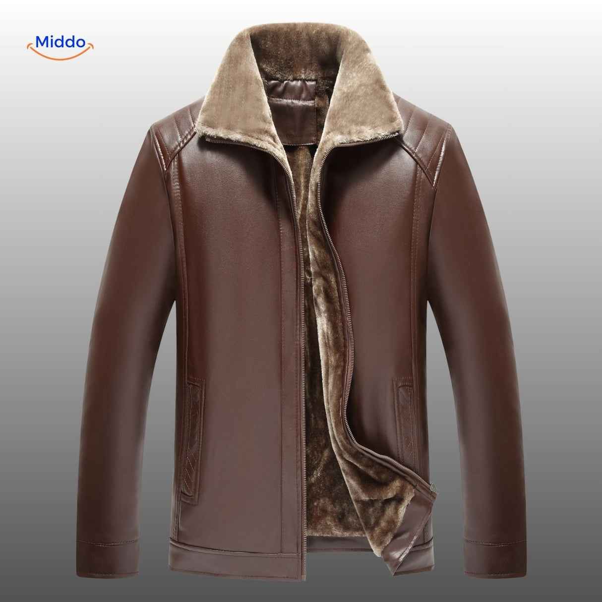 Brown leather jacket with elegant fur collar and timeless design.