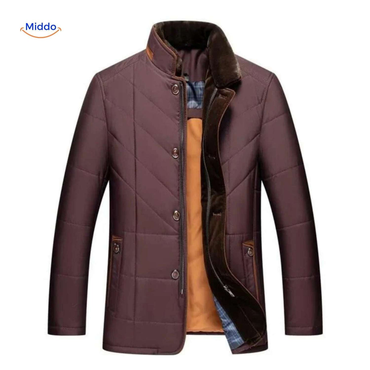 Brown quilted jacket showing lining and button details.