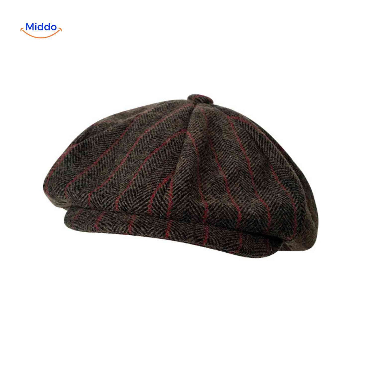 Brown and red striped wool flat cap with timeless newsboy appeal.