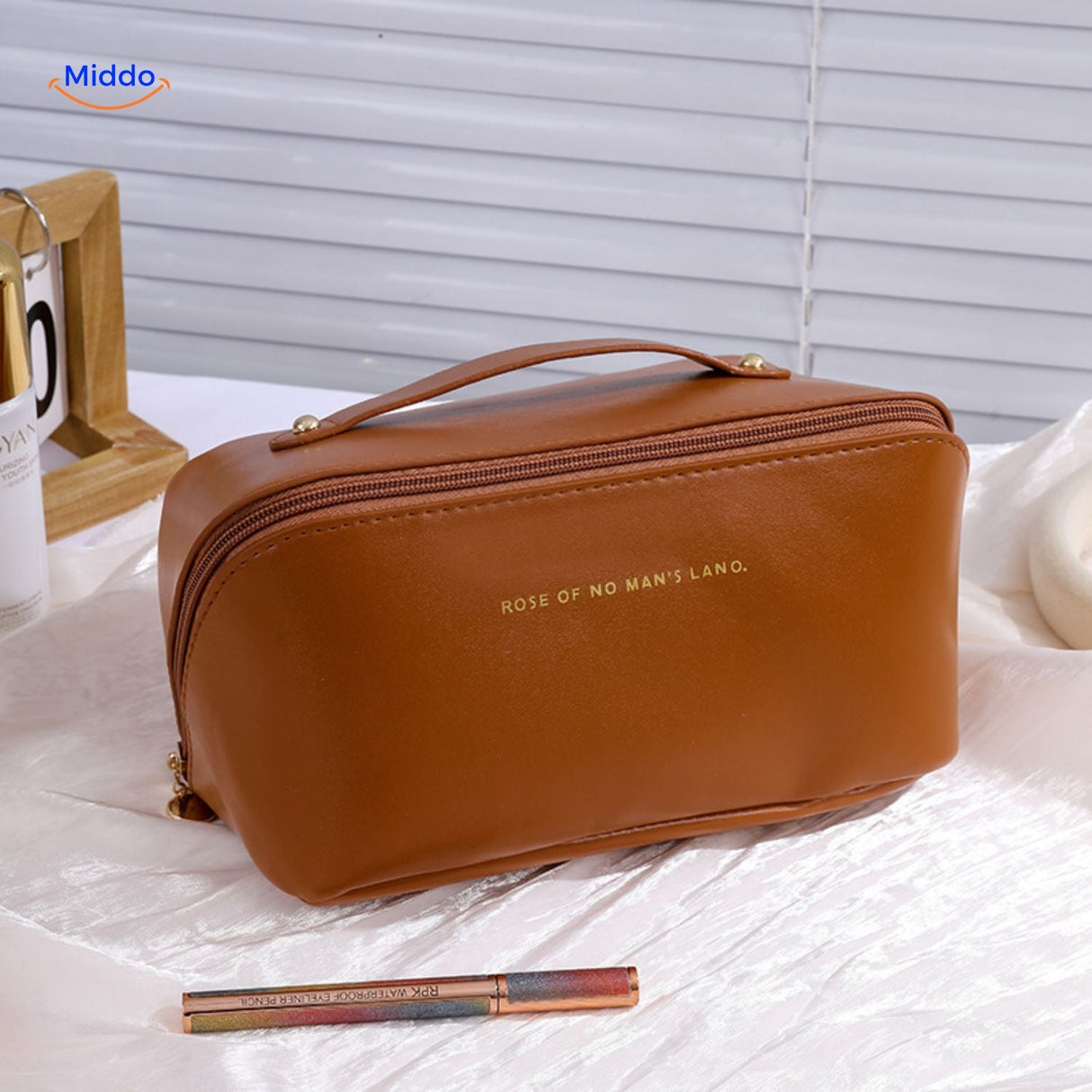 Brown water-resistant makeup bag for travel
