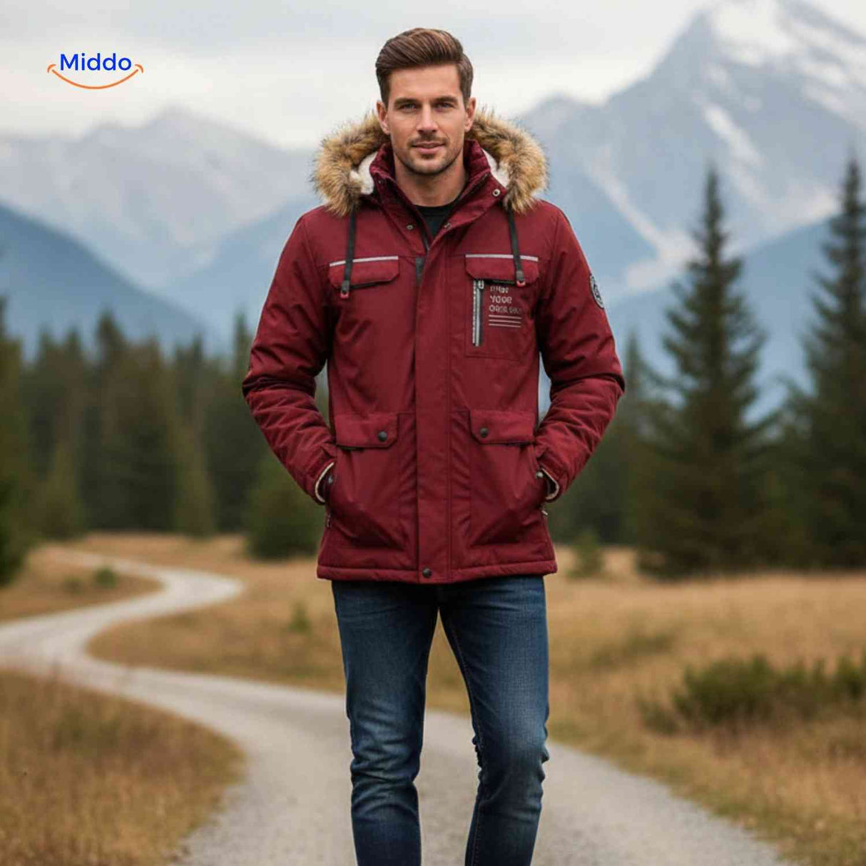 Burgundy insulated men's winter jacket with hood and flap pockets.
