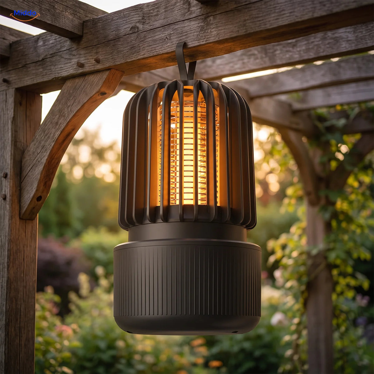 BuzzAway mosquito lamp hanging by its loop under a pergola