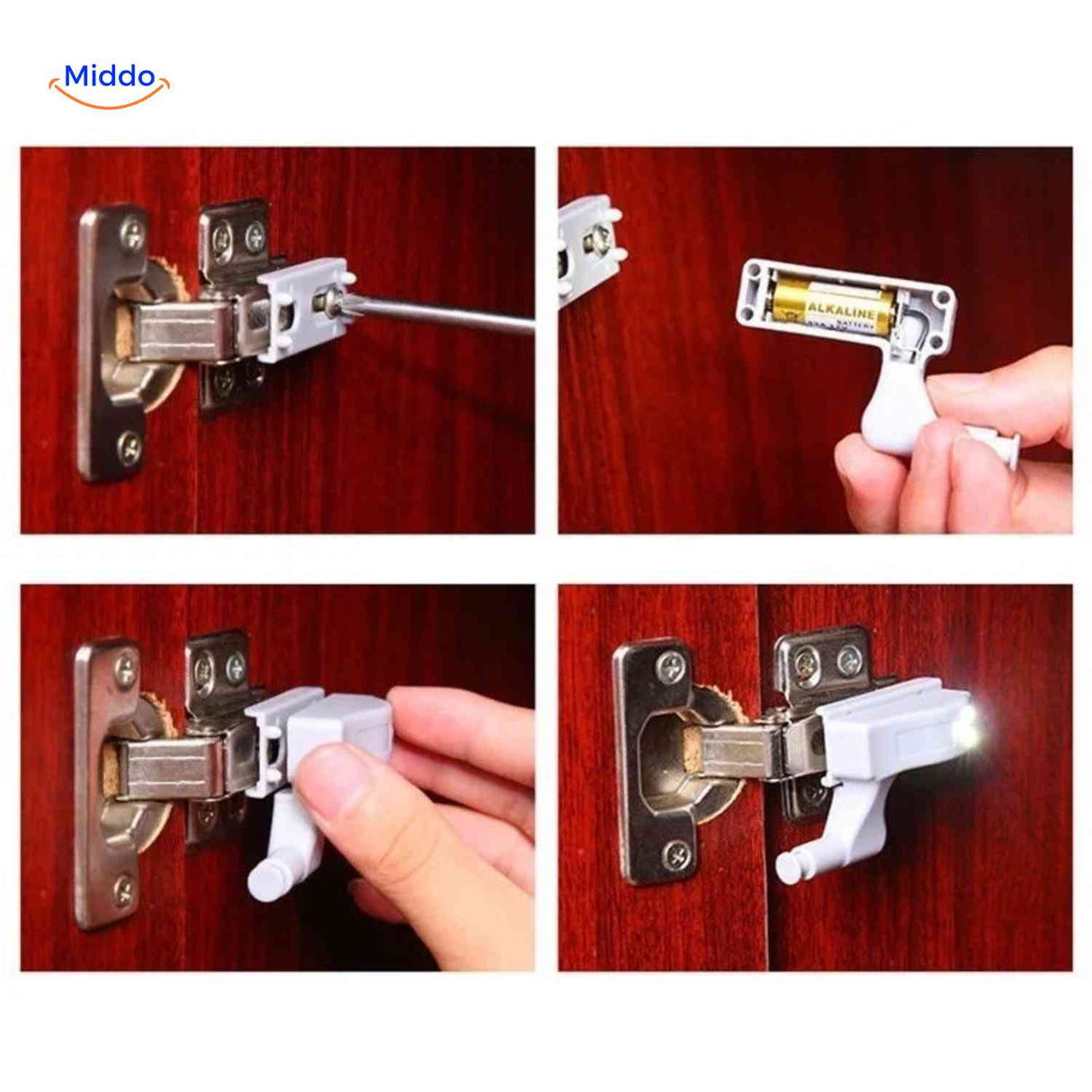 Step-by-step installation instructions for Cabintra LED hinge cabinet light setup.