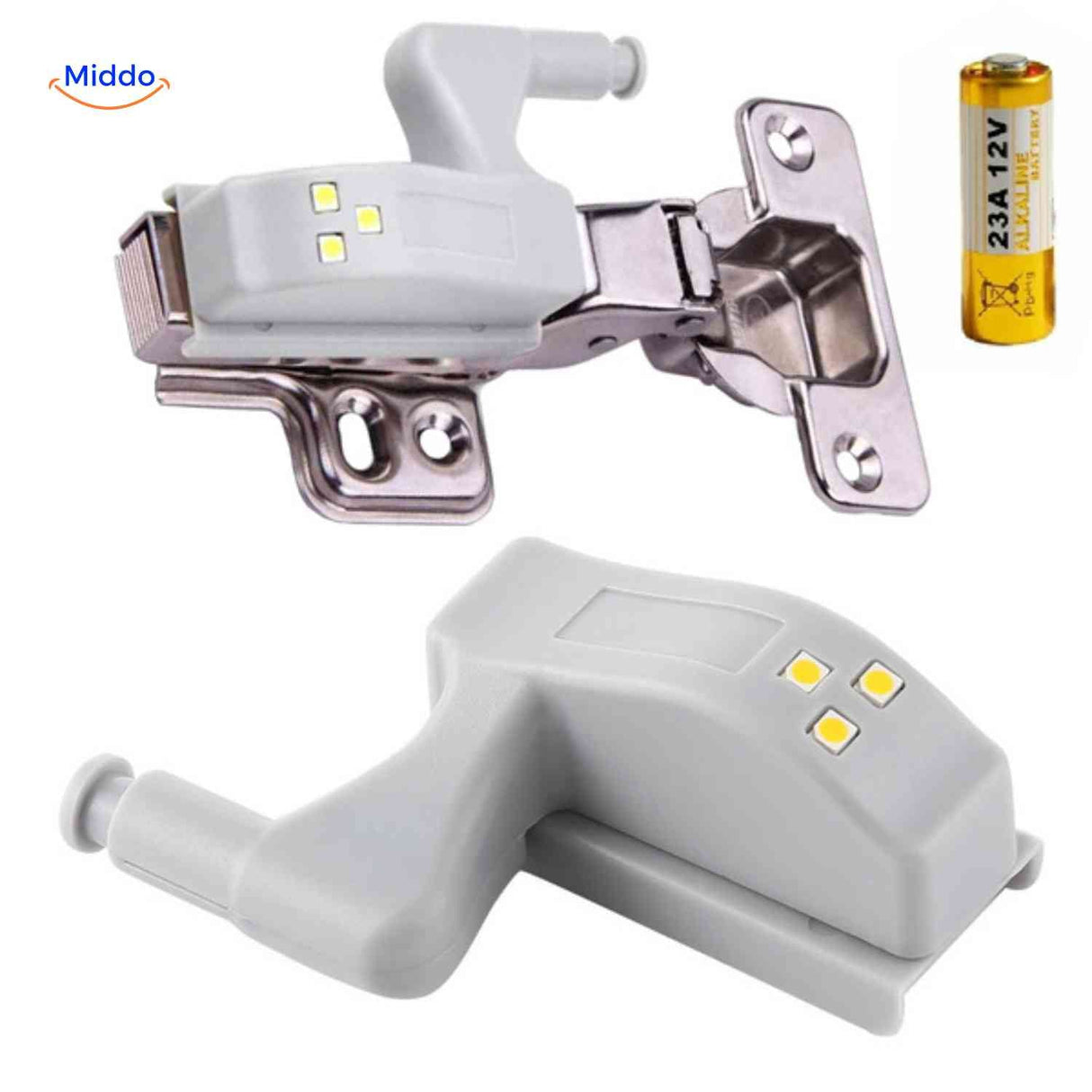 Cabintra hinge light with three LEDs includes 23A 12V battery for instant operation.
