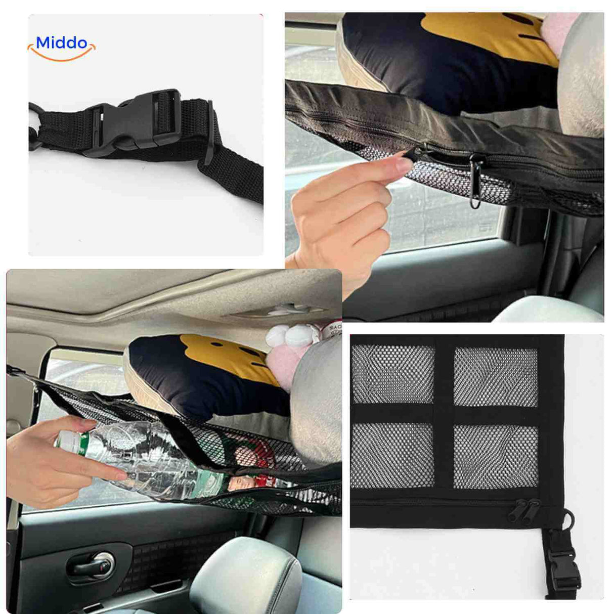 Car luggage storage net with reinforced buckles and zipper for secure closure.