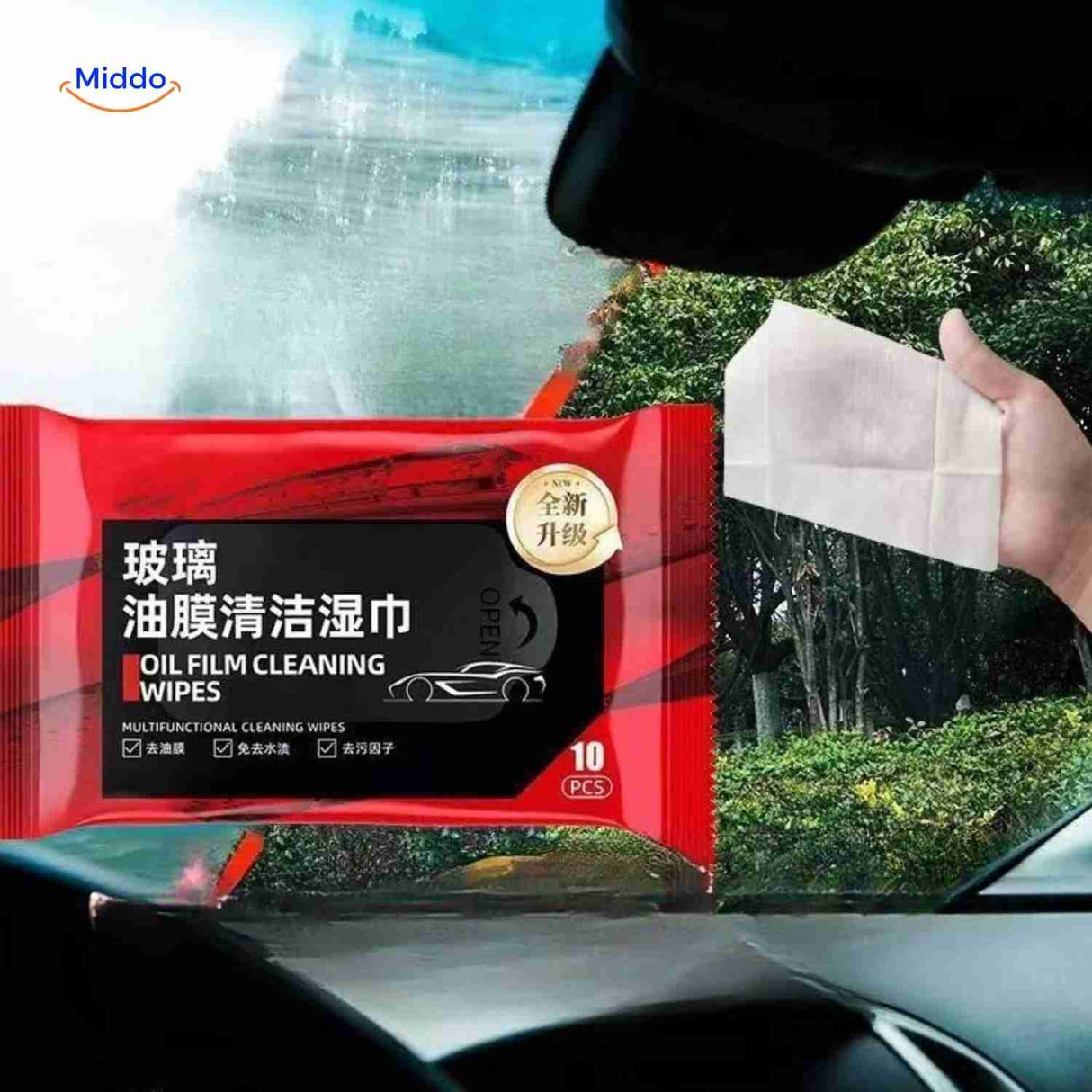 Close-up of hands holding ClearView car window cleaning wipes.