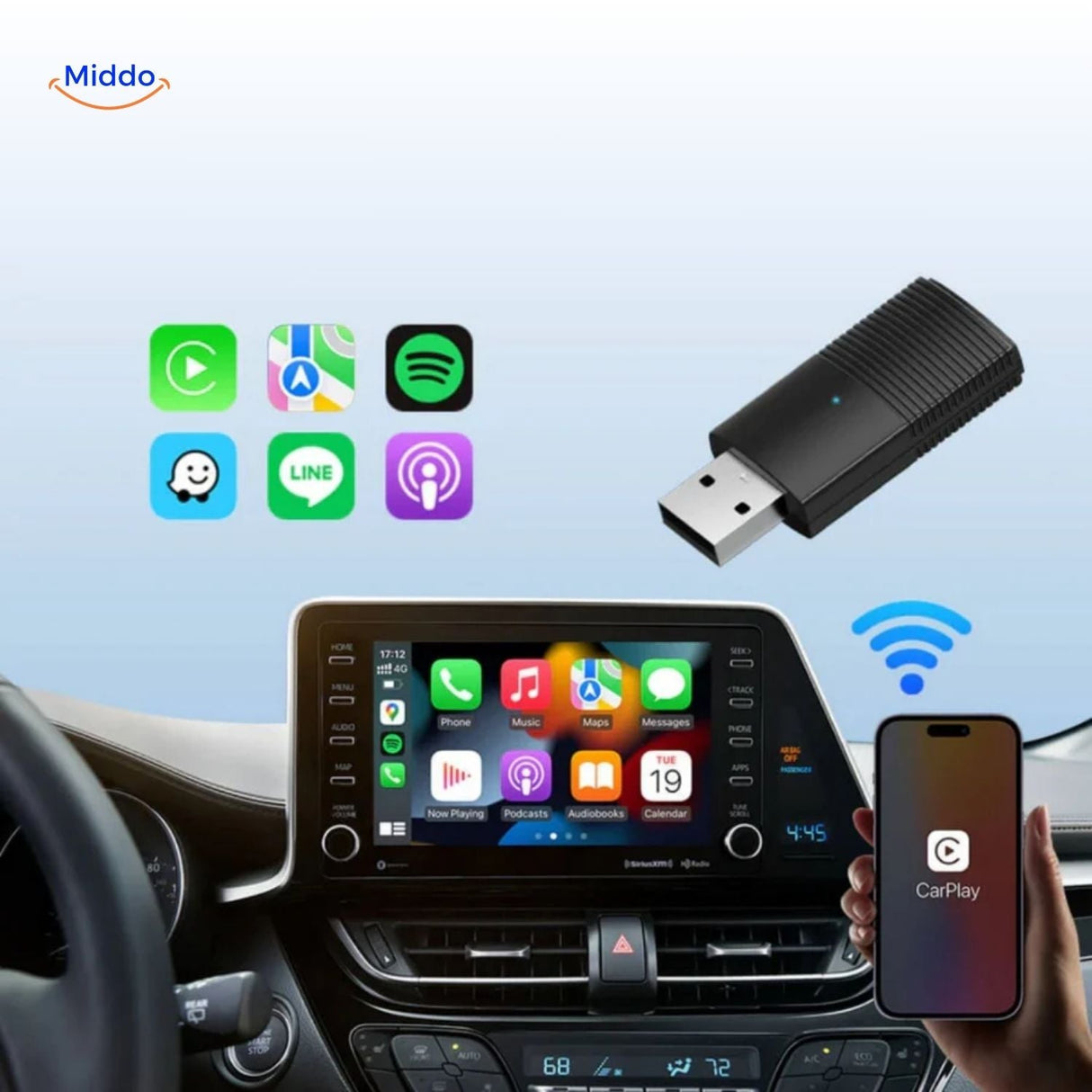 CarLink Pro adapter held in hand, demonstrating its compact and portable wireless design.
