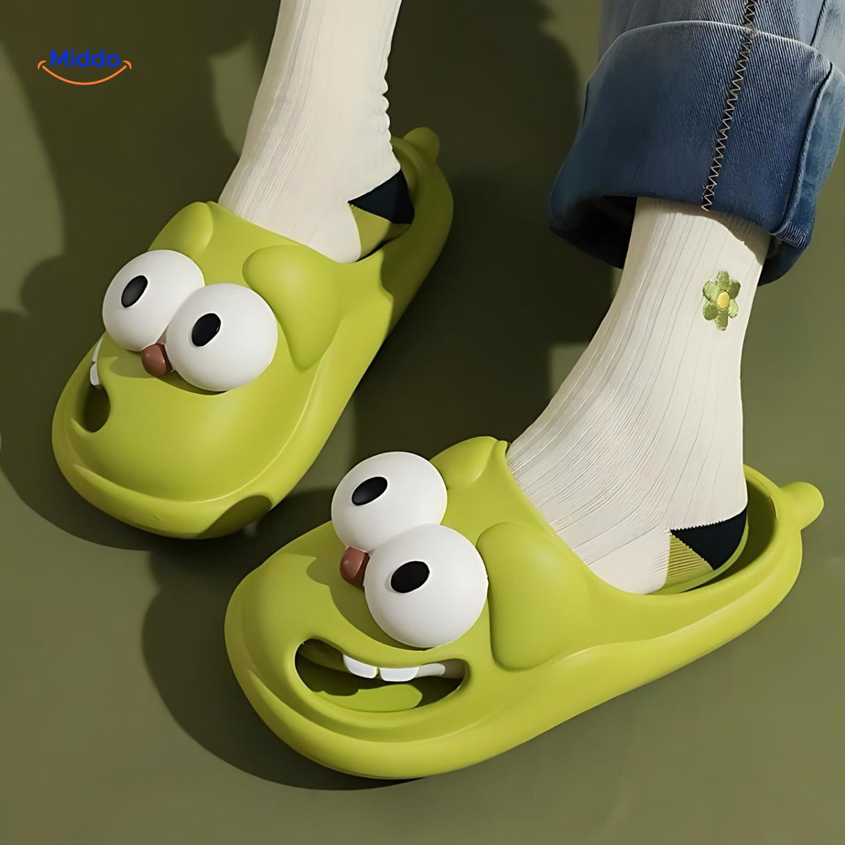 Woman wearing green cartoon dog slippers with cozy comfort design.