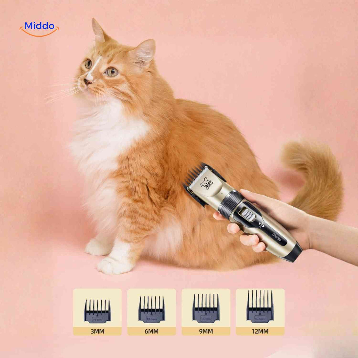 Cat grooming with adjustable comb attachments for various coat lengths.