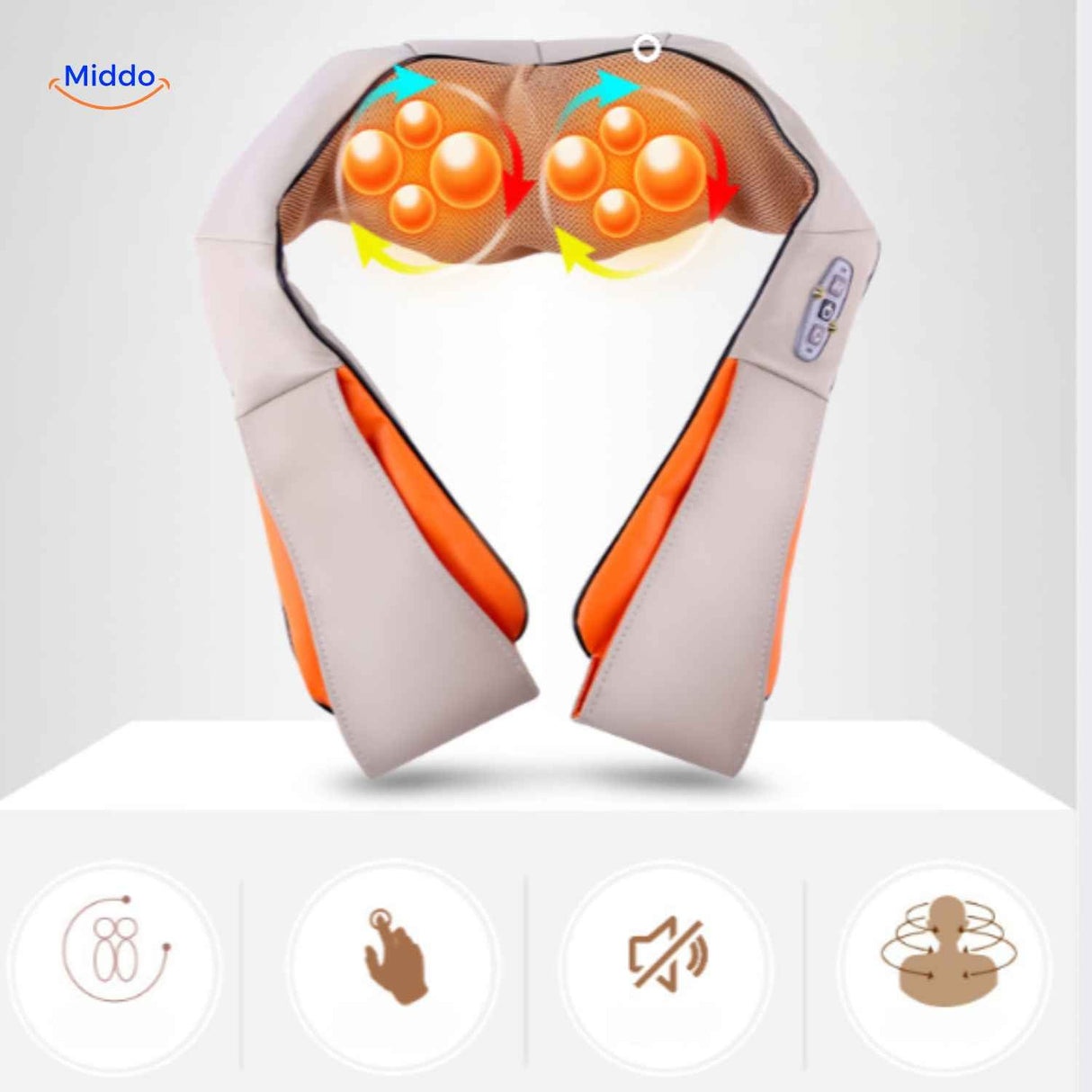 Heated rotating kneading massage heads for therapeutic neck and shoulder care.