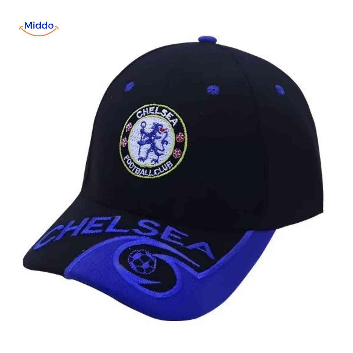 Chelsea football cap showing embroidered team emblem detail.