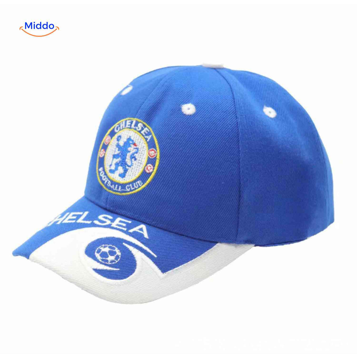 Chelsea sports cap with embroidered club logo on adjustable cap.