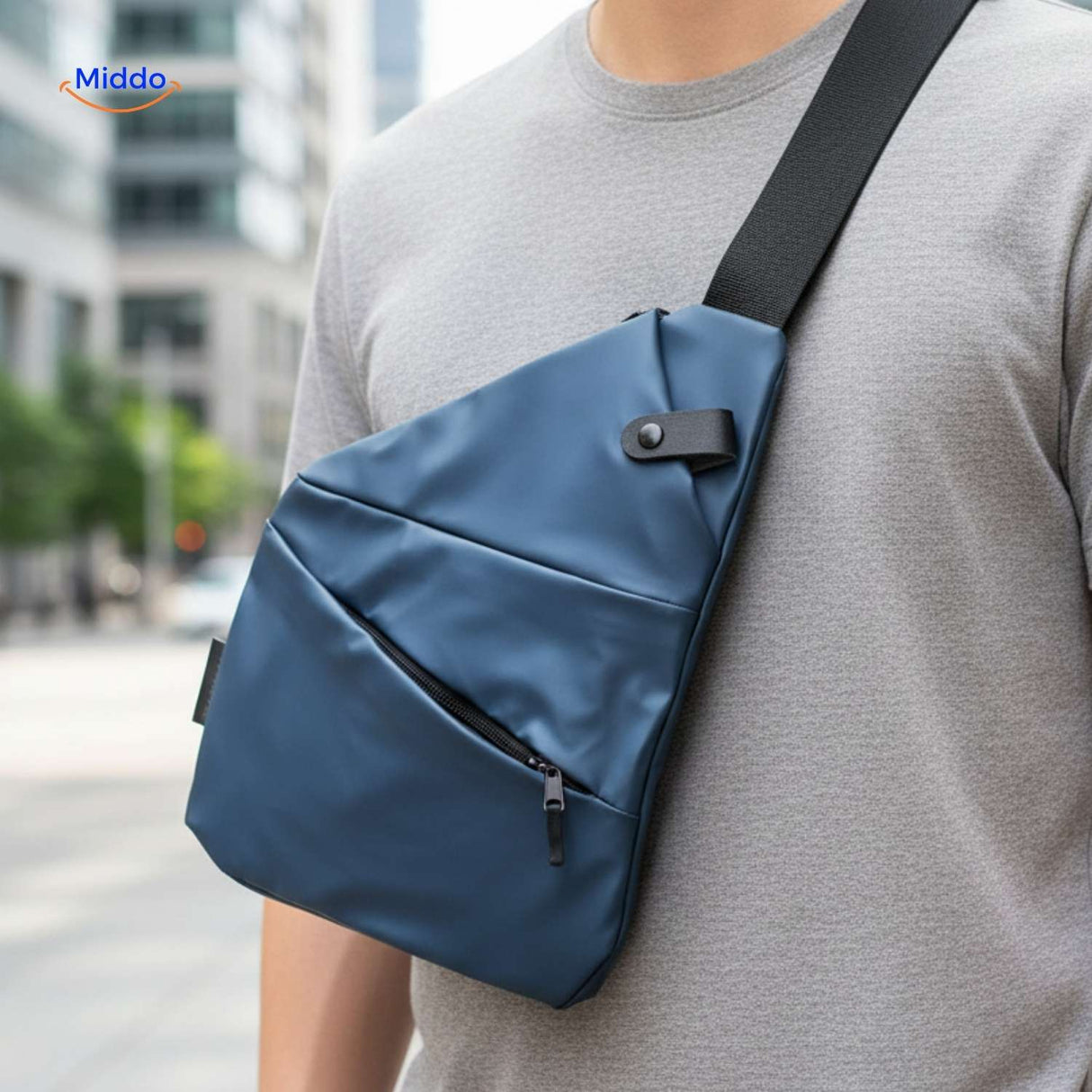 Blue Stratos chest bag styled with street fashion aesthetic.