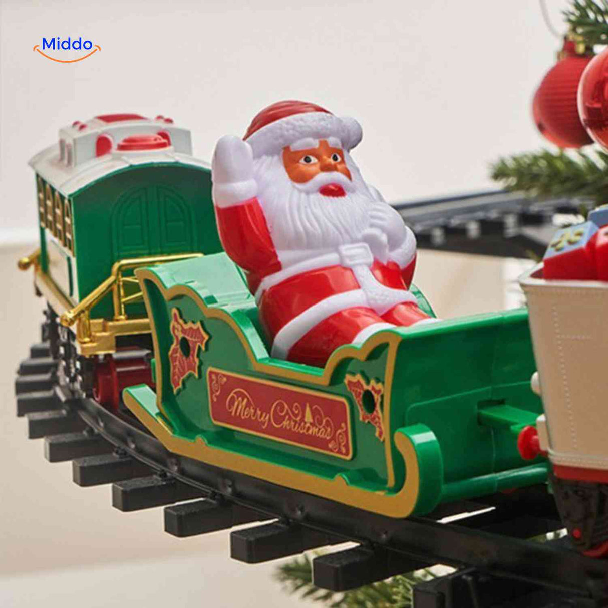 ChristmasRail with Santa in sleigh car during festive holiday display.