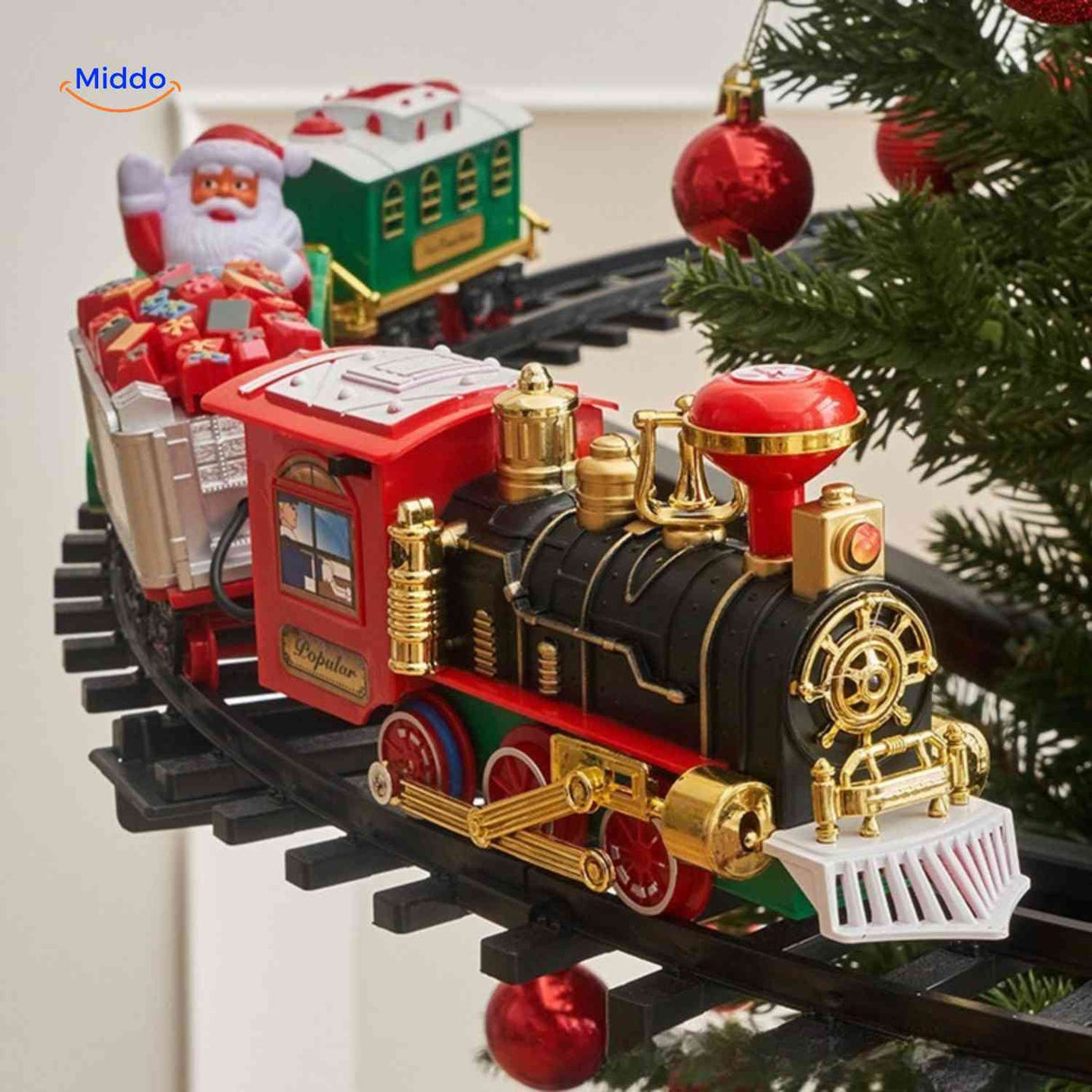 ChristmasRail train set with Santa figure and decorated gift cars running in circle.