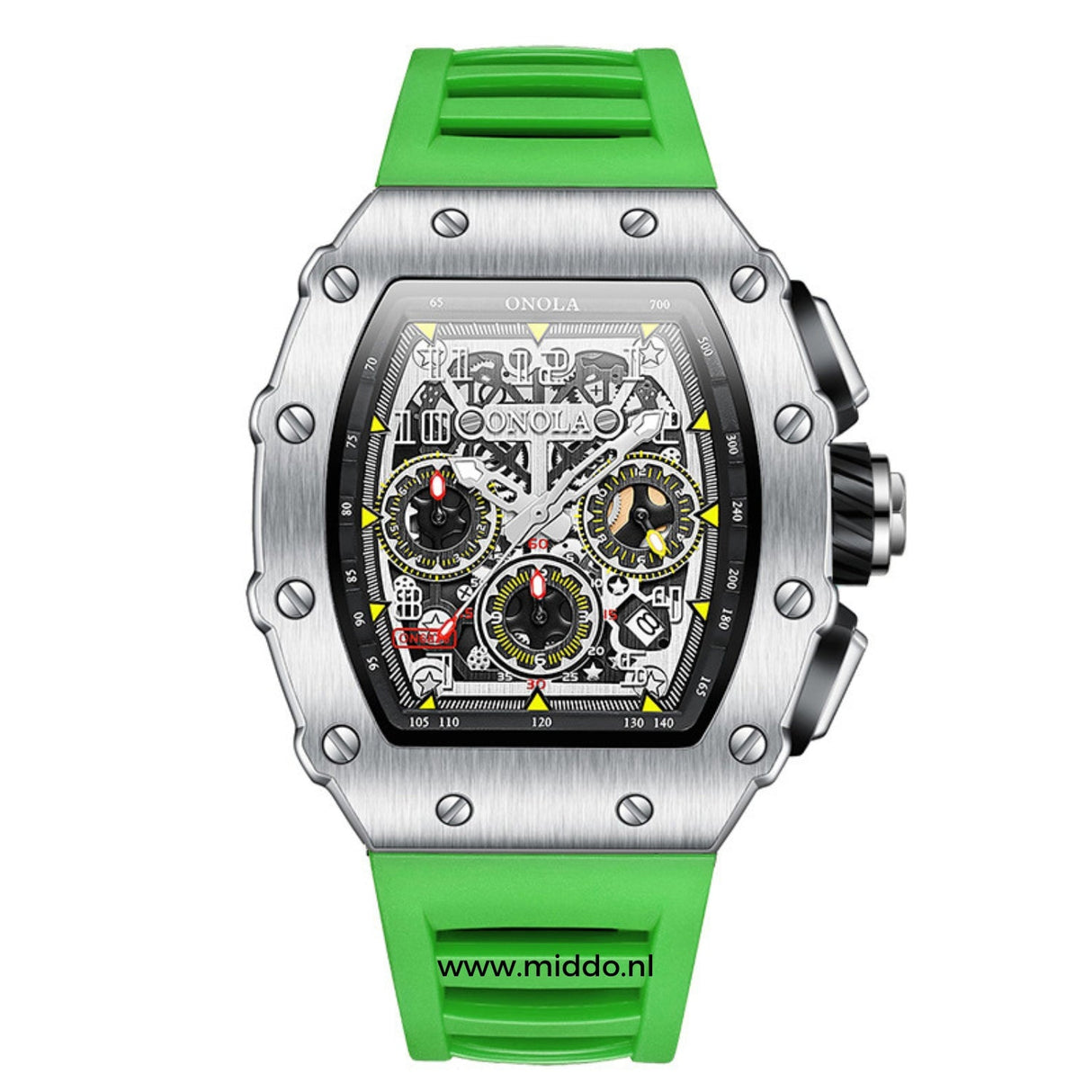 Men's chronograph with green dial and silver stainless case.