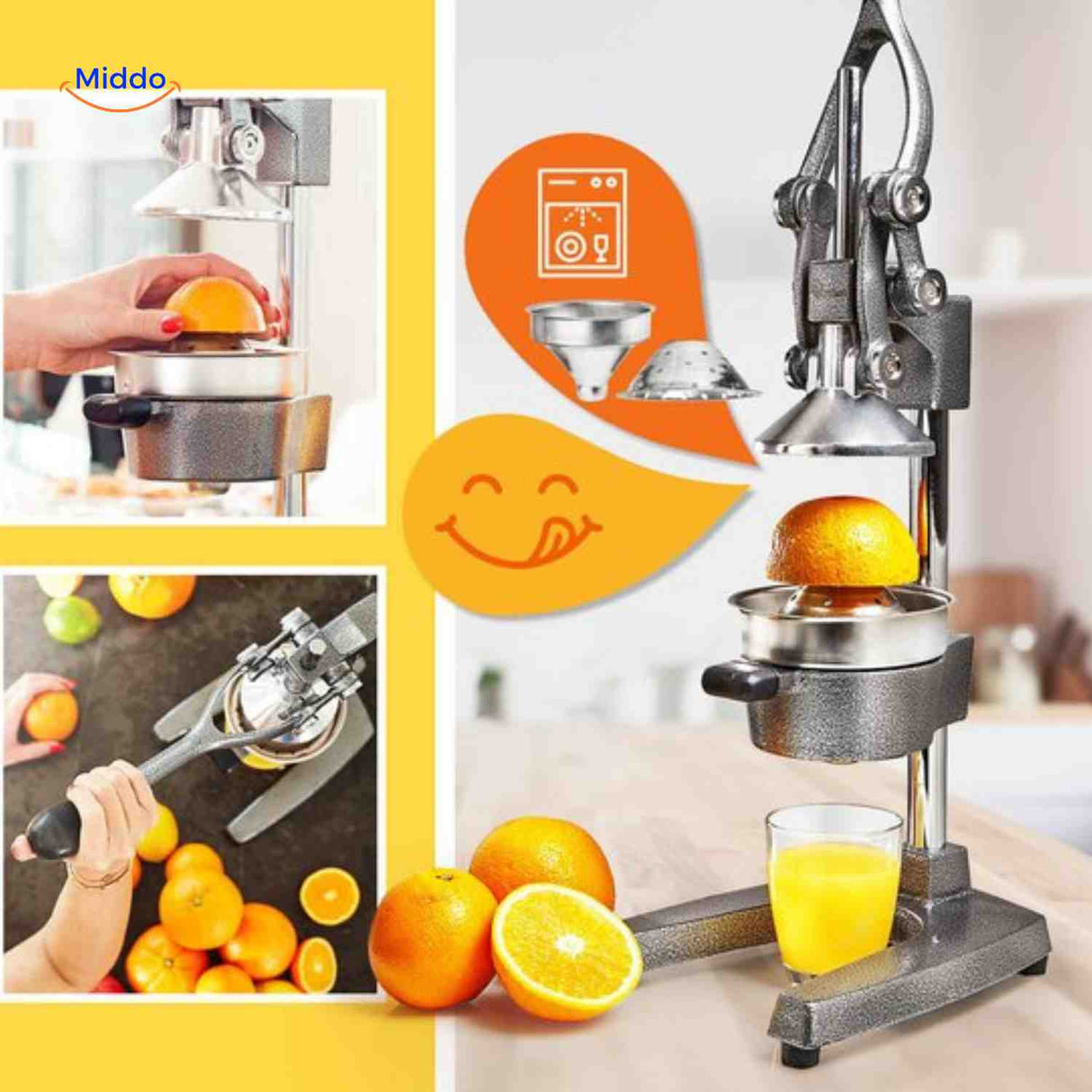 Citripress with removable strainer bowl for easy cleaning and juice collection.