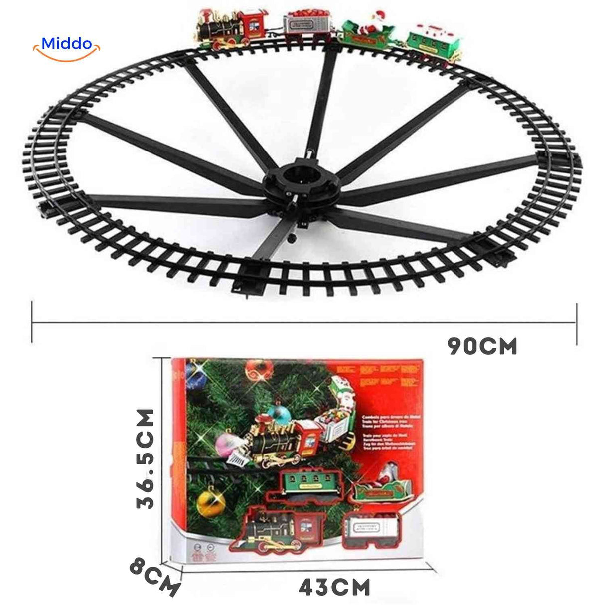 ChristmasRail classic style train with gift-decorated cargo car and sound effects.