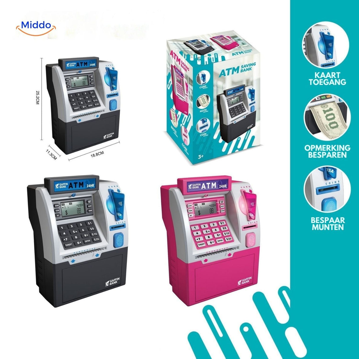 Coin and bill ATM savings machine with card insertion slot and currency acceptance.