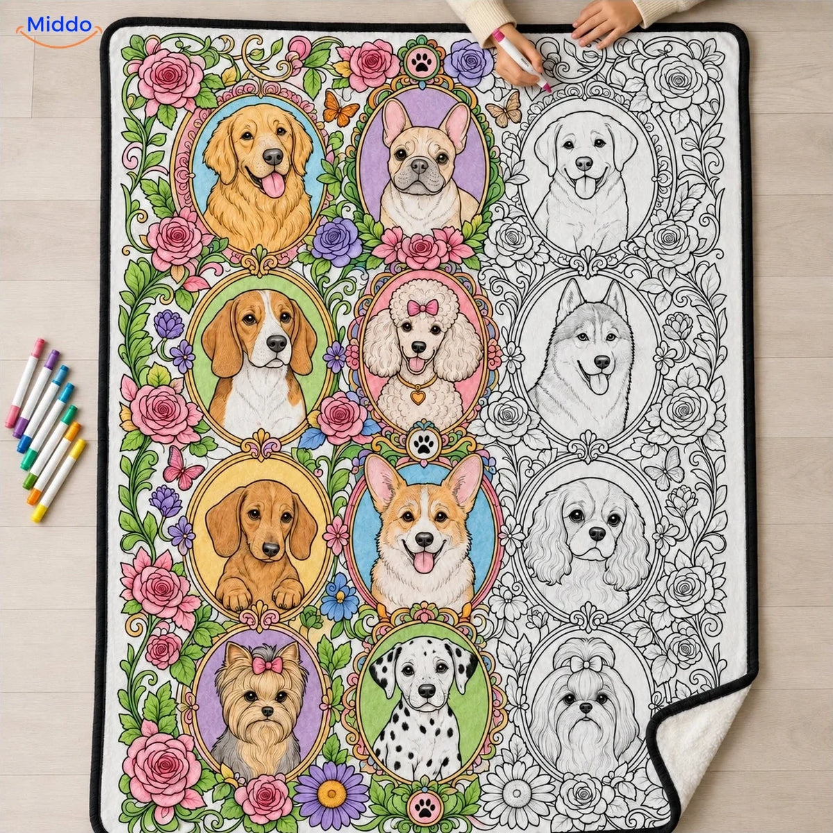 ColorFlow coloring blanket - Dog Portraits with Flowers