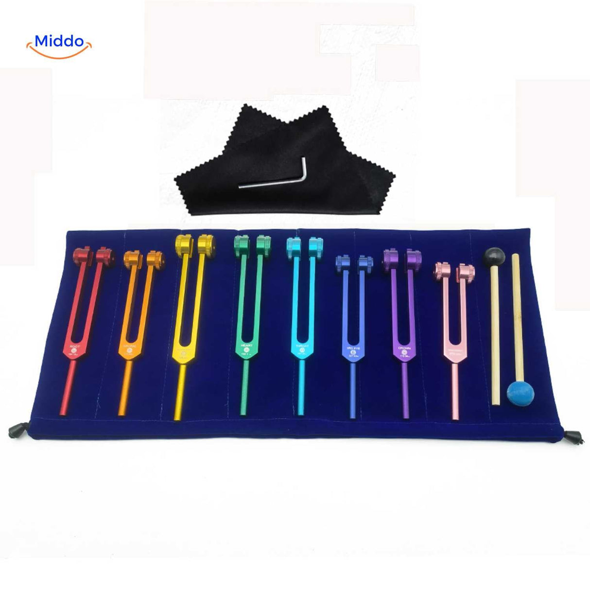 Complete colorful healing tuning fork set with all accessories.