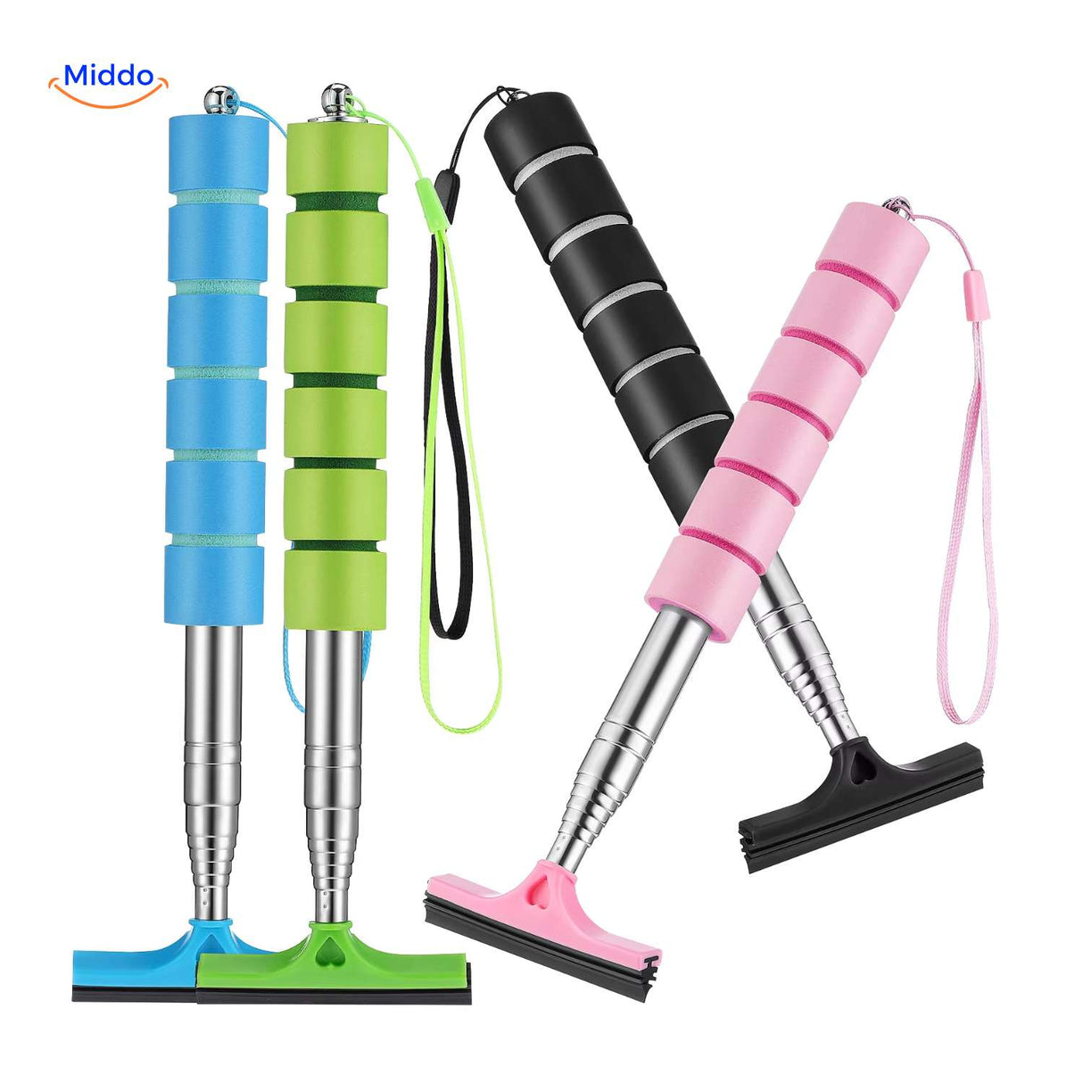 Vibrant multicolor compact window squeegees with comfortable foam grip.