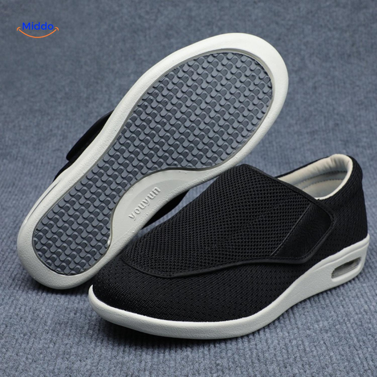 Black comfort shoes with easy velcro strap closure for all-day support.
